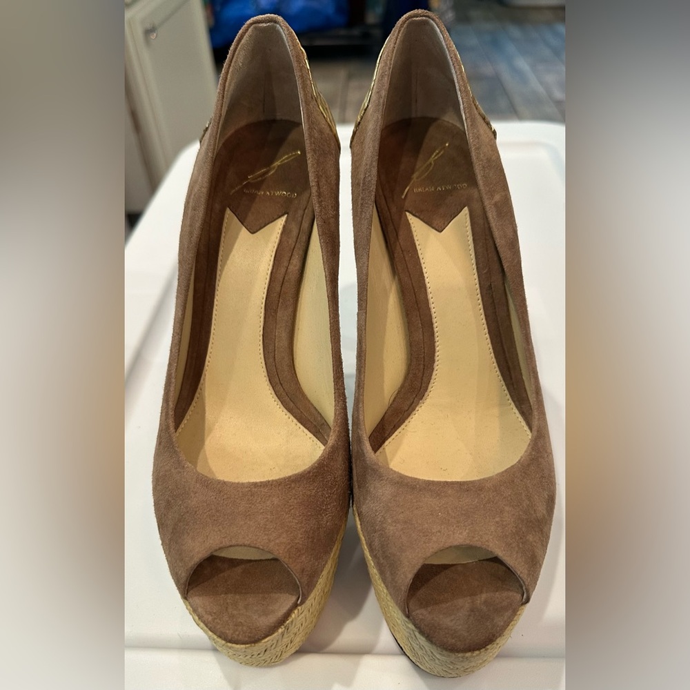 8.5/38.5M Brian Atwood Taupe Peep Toe Wedge Pumps